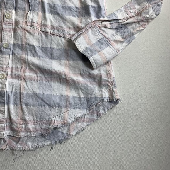 Free People Pastel Blue Pink Plaid Raw Hem Button Down Loveland Shirt Size Small - Picture 3 of 10